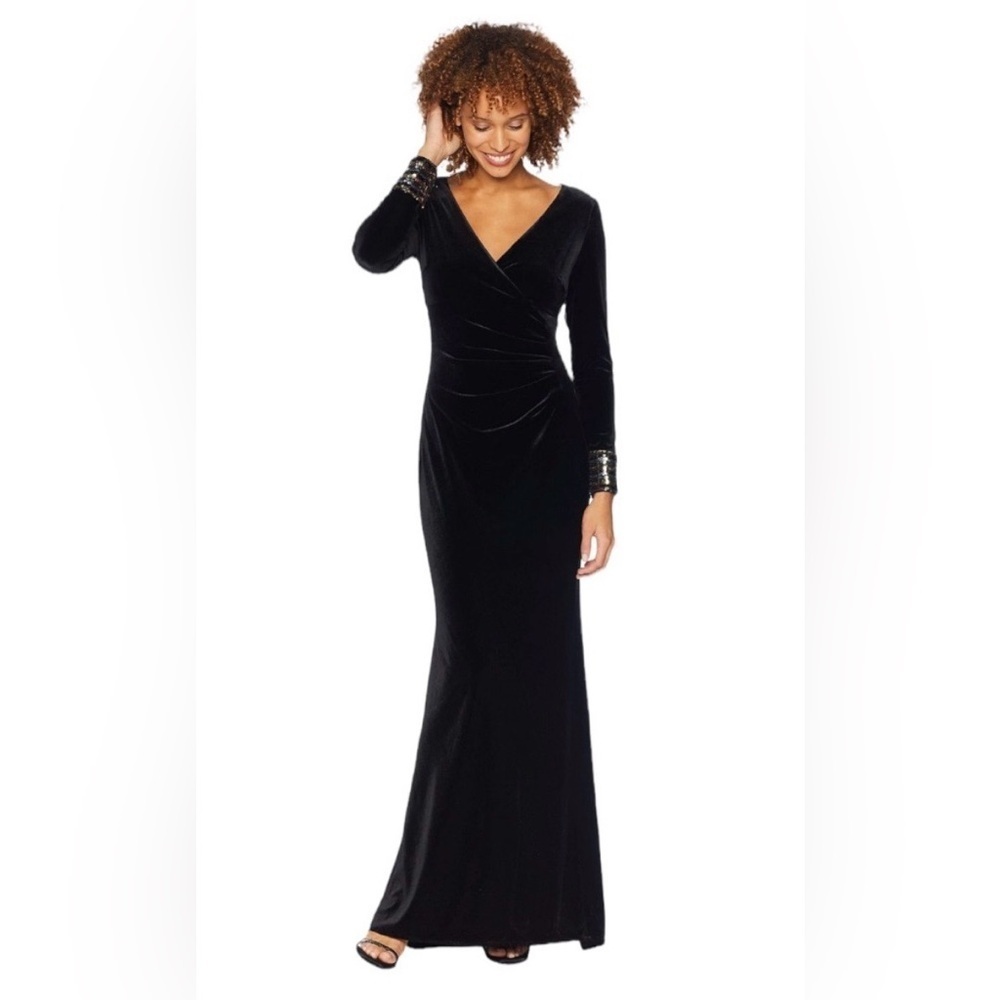 Vince Camuto Velvet Sequin Cuff Long Sleeve Gown - Picture 1 of 11